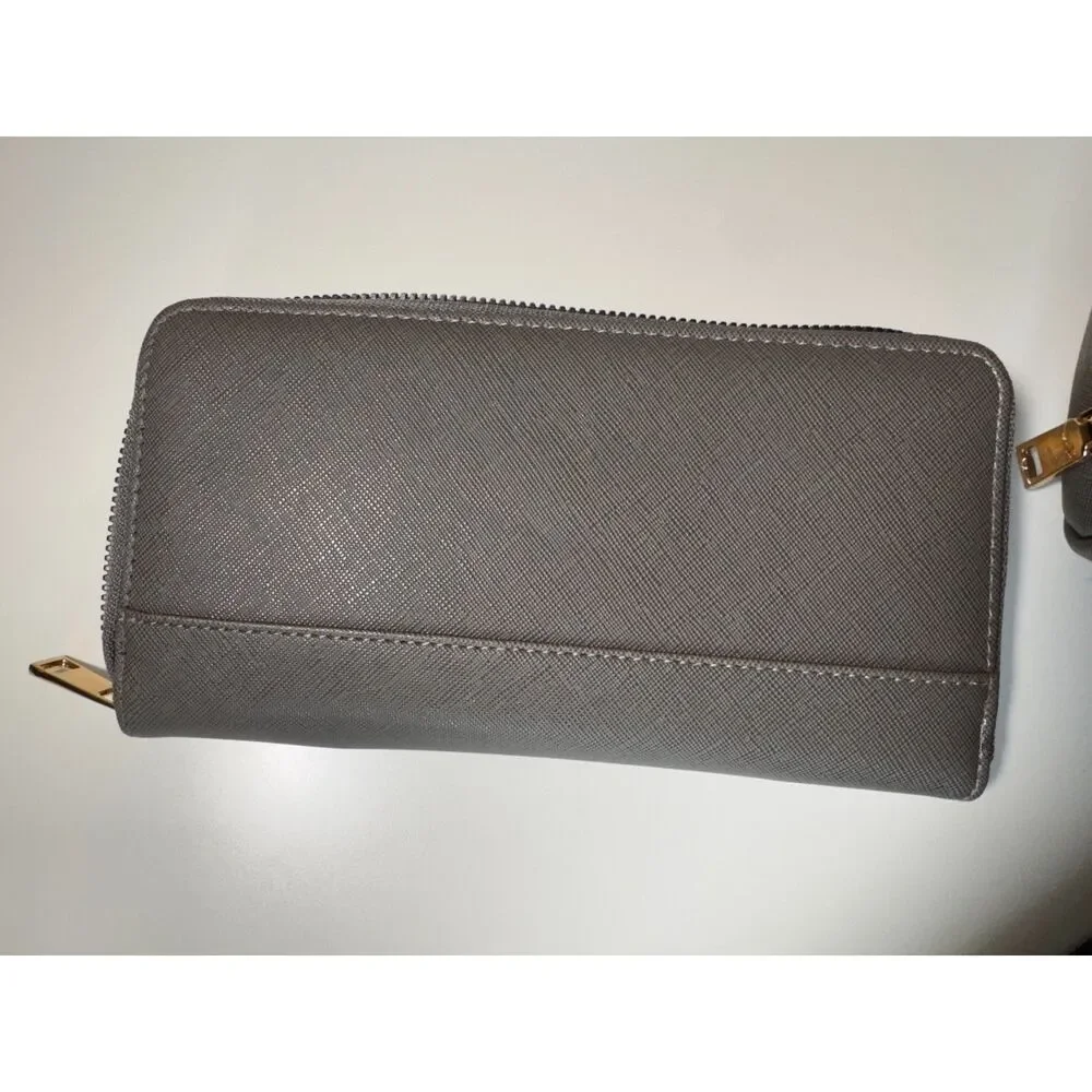 Gray Saffiano Faux Leather 4pc Wristlet Clutch Wallet Cosmetic Bag Set Gold Tone